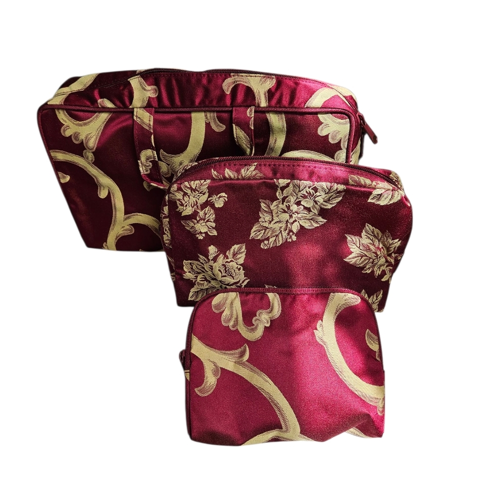 NWOT Red and Gold Floral Cosmetic Bags Set